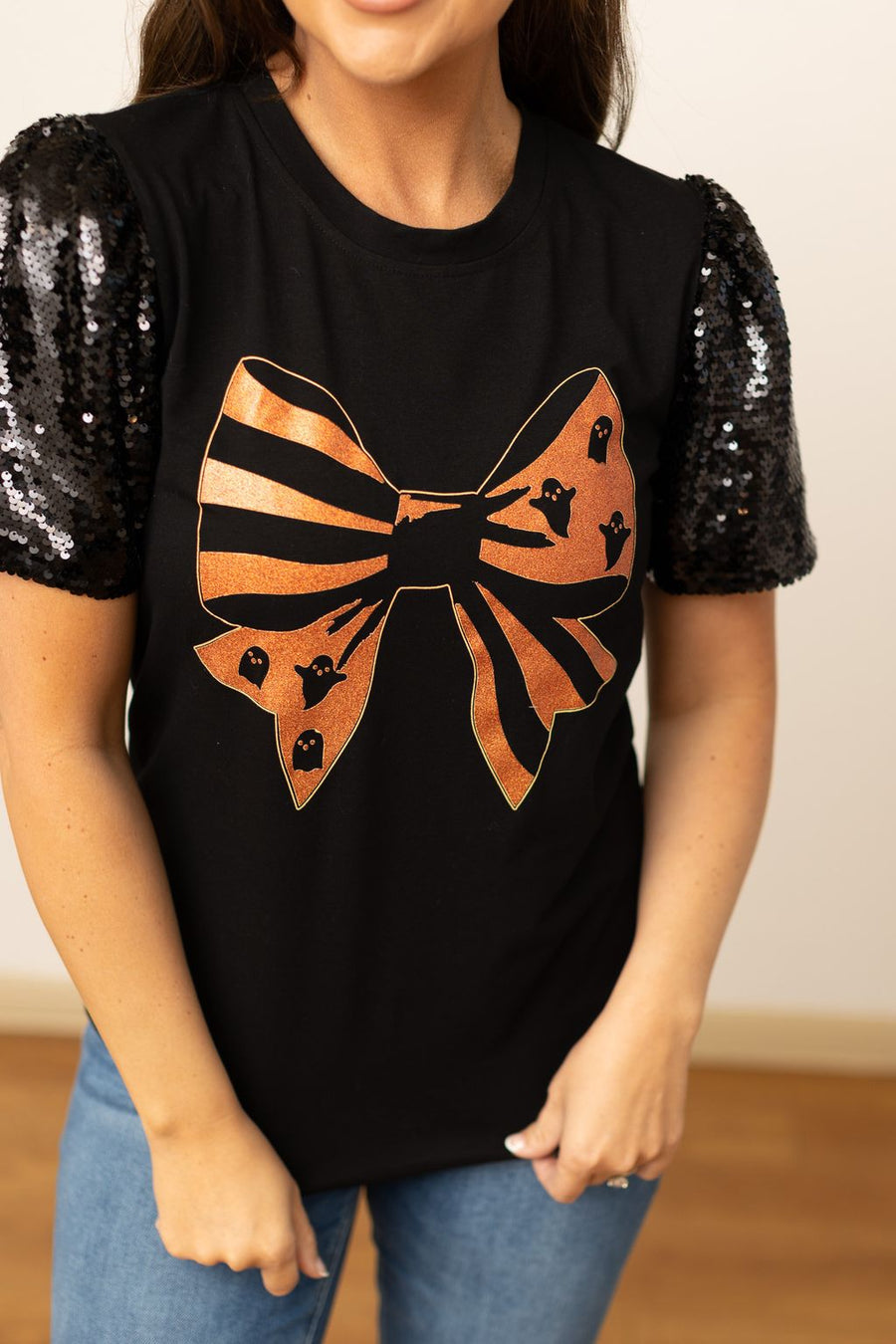 Halloween Bow Sequins Puff Sleeve Top