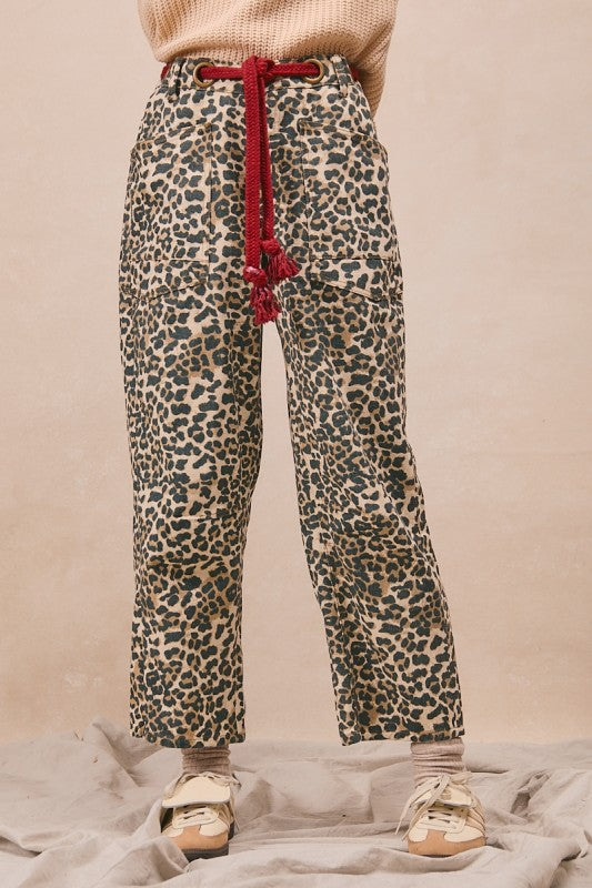 Leopard Twill Barrel Leg Pants