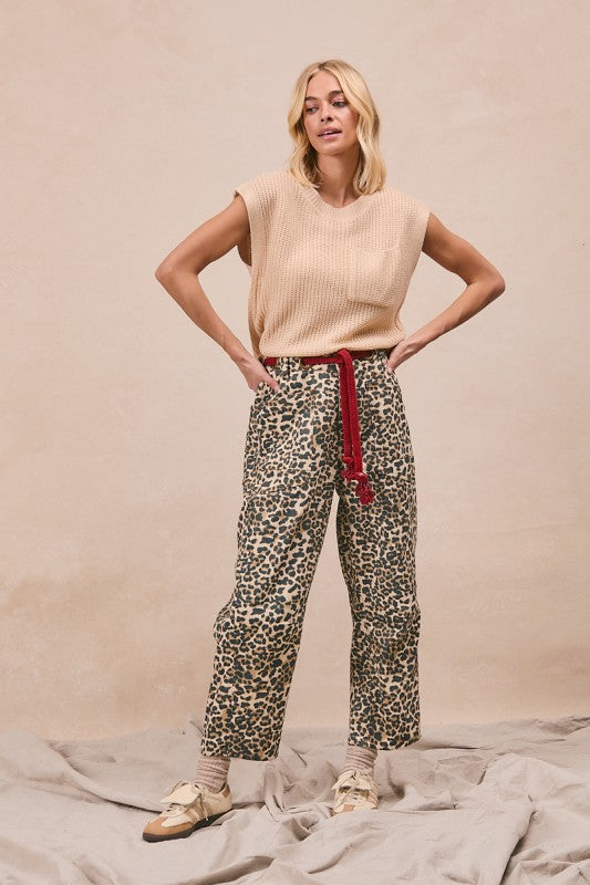 Leopard Twill Barrel Leg Pants