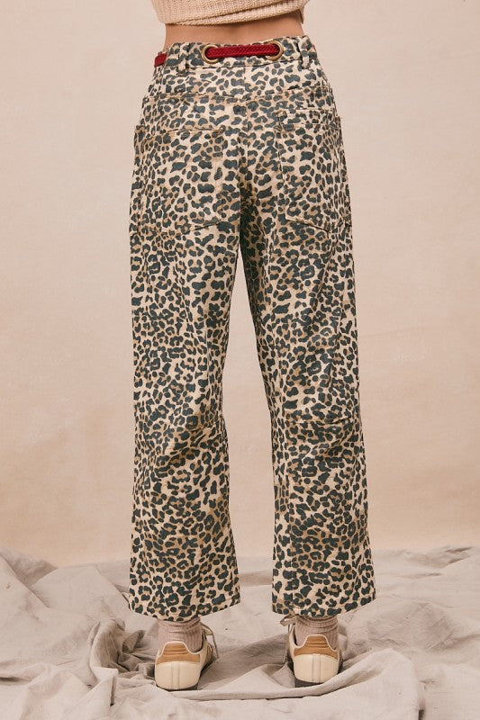Leopard Twill Barrel Leg Pants