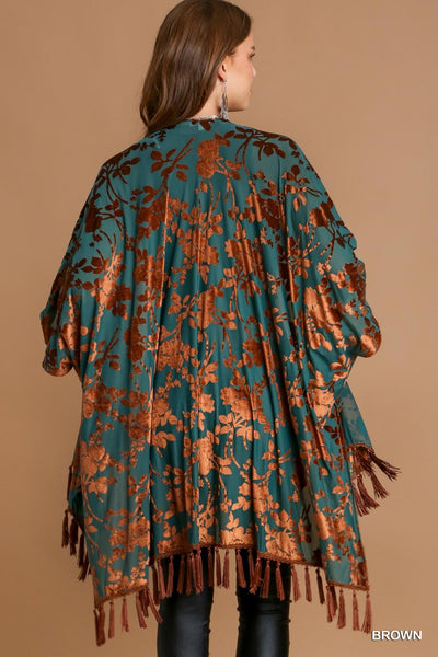 Brown & Teal Velvet Burnout Fringe Kimono