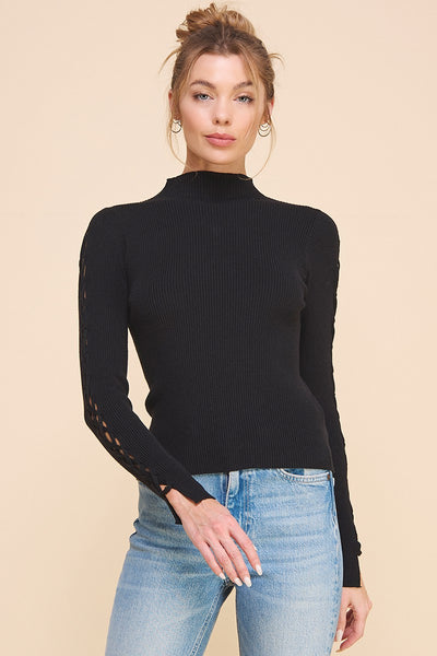 Lace Up Sleeve Black Sweater