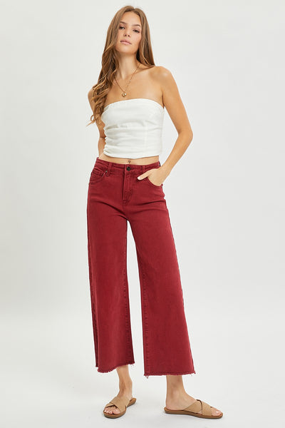 Wine Tummy Control Wide Leg Cropped Jean from Risen