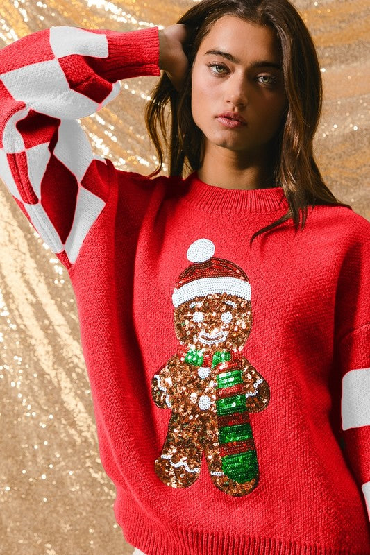 Gingerbread Man Checkered Sleeve Sweater