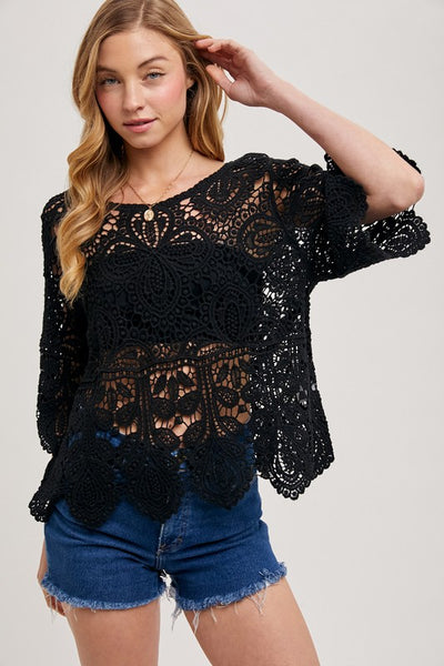 Scoop Neck Crochet Lace Top- Black
