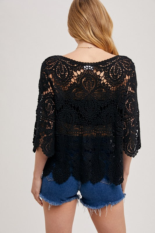 Scoop Neck Crochet Lace Top- Black