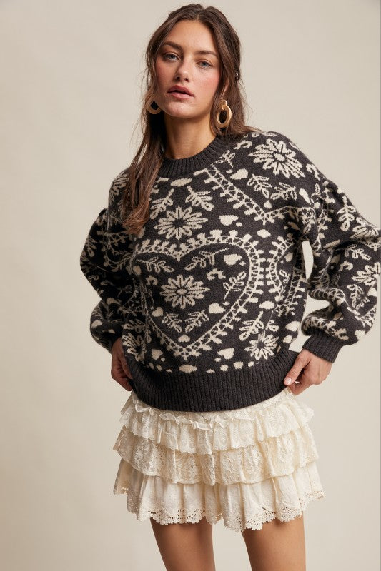 Jacquard Heart Sweater - Charcoal