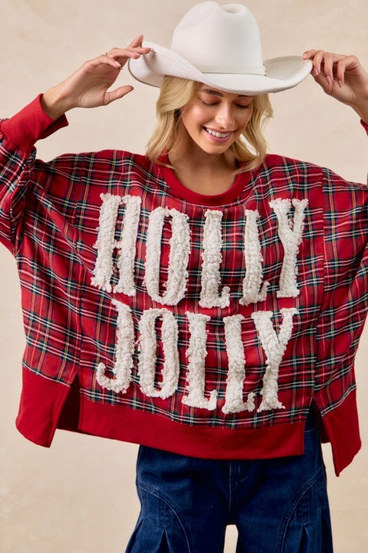 Holly Jolly Sherpa Patch Letter Fleece Top