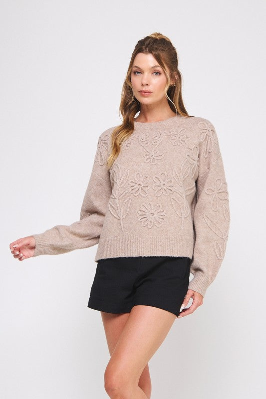 Cottage Cozy Heather Mocha Floral Sweater