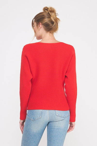 Juilanne Fine Gauge Ribbed Dolman Sweater- Red
