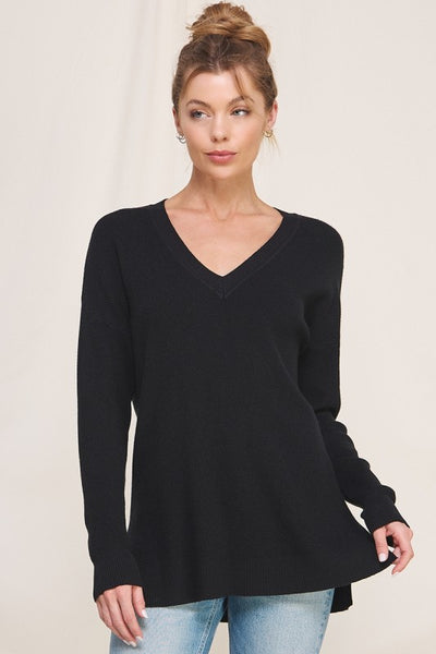 Soft Waffle V-Neck Sweater - Black