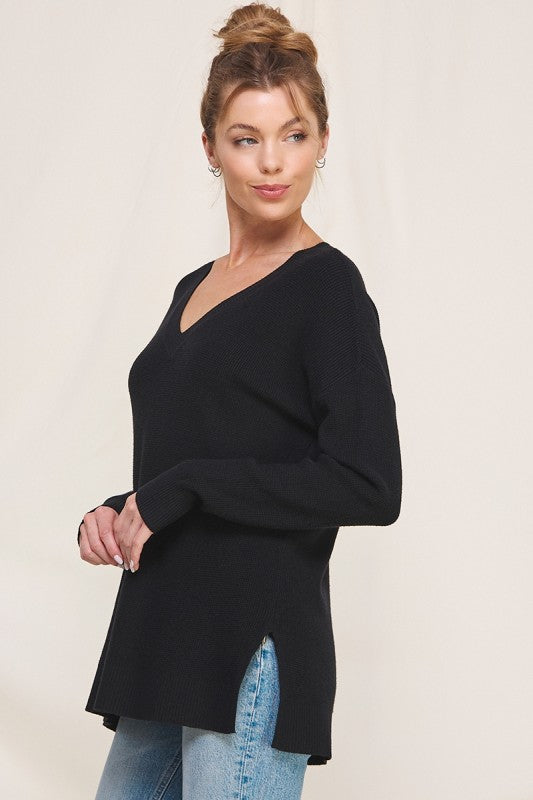 Soft Waffle V-Neck Sweater - Black