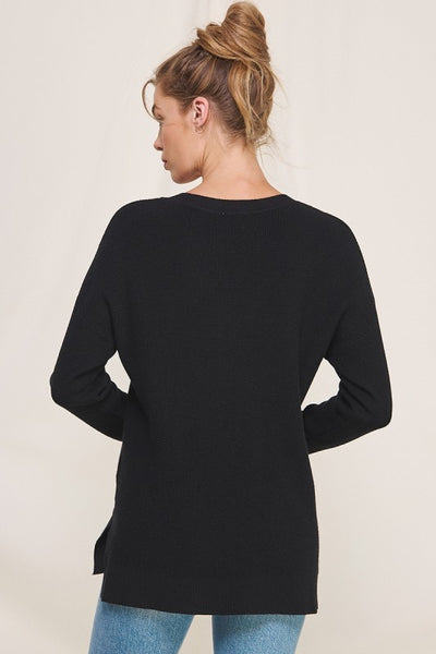 Soft Waffle V-Neck Sweater - Black