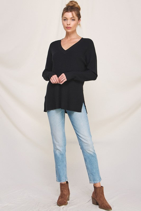 Soft Waffle V-Neck Sweater - Black