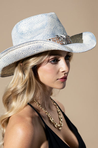 Vintage Cowboy Hat with Western Bull Band Light Blue