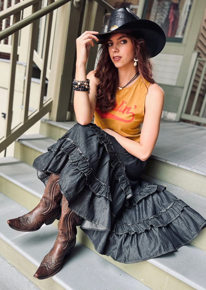 Blask Ash Tiered Ruffle Denim Skirt