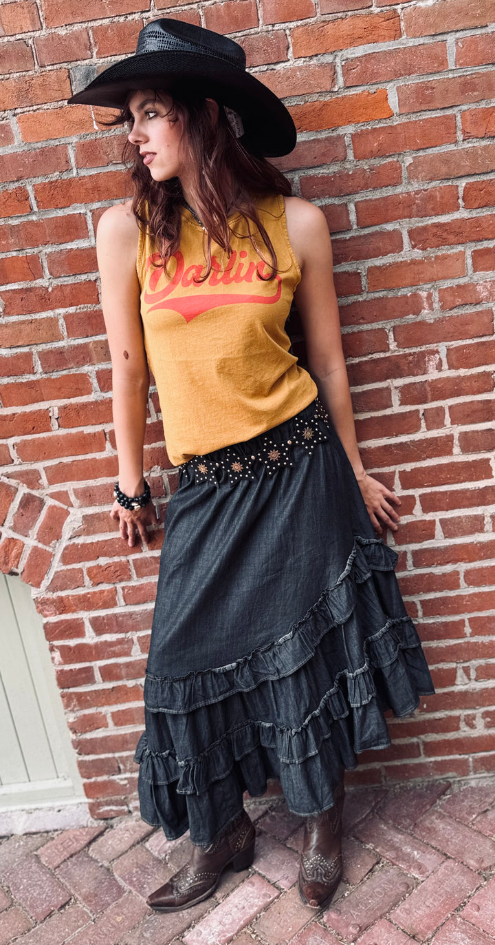 Blask Ash Tiered Ruffle Denim Skirt