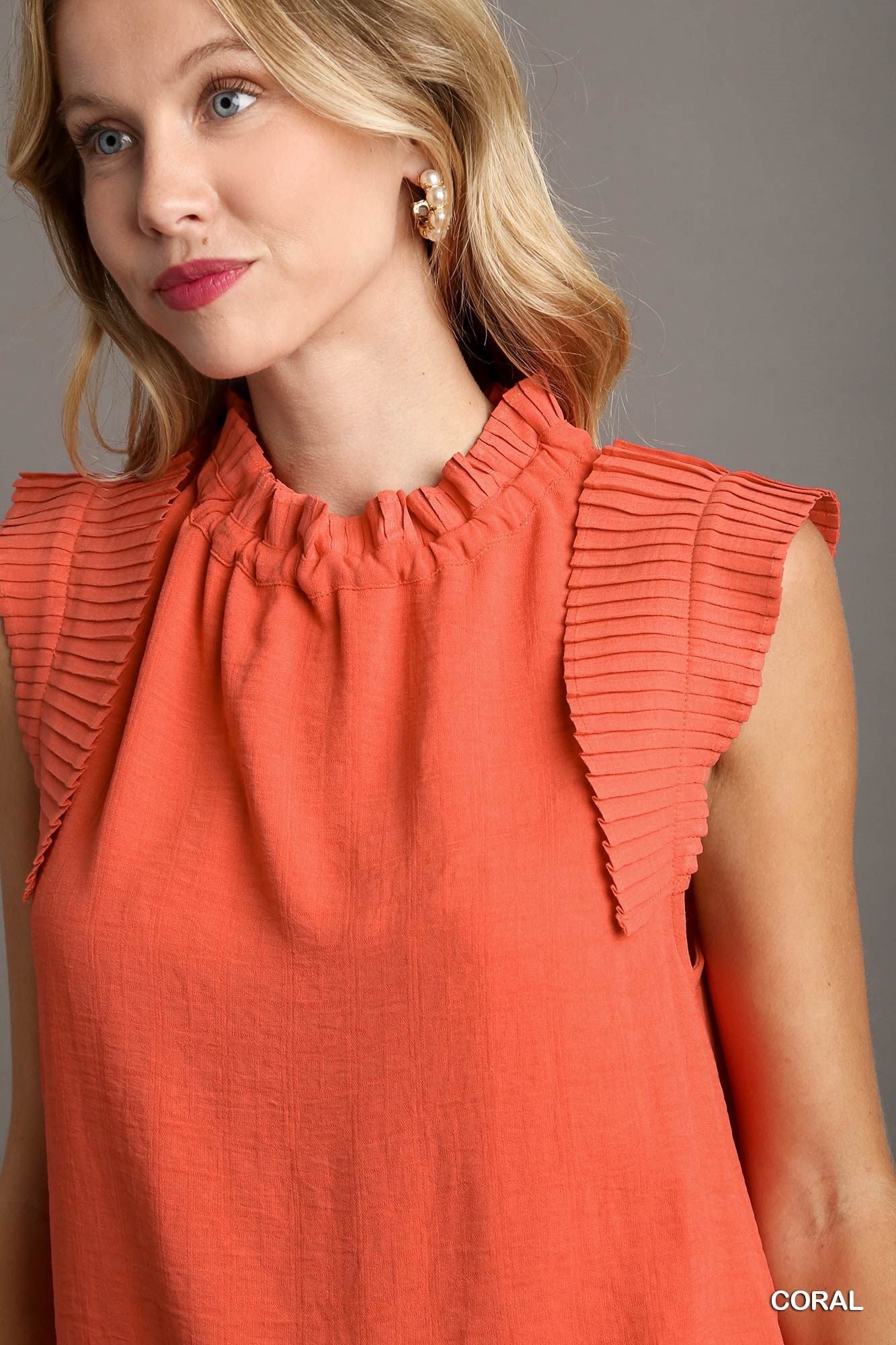 Coral Ruffle Neck Plaza Top