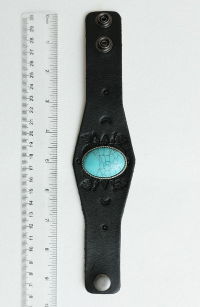 Boho Turquoise Stone Black Leather Cuff Bracelet