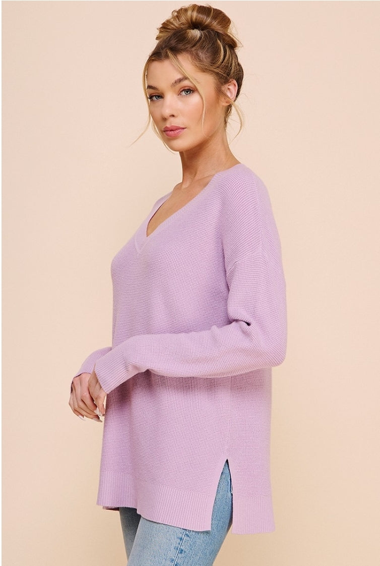 Light Lavender Waffle V-Neck Sweater