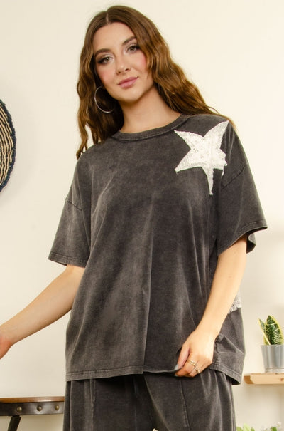 Black Mineral Wash Lace Star Patch Tee