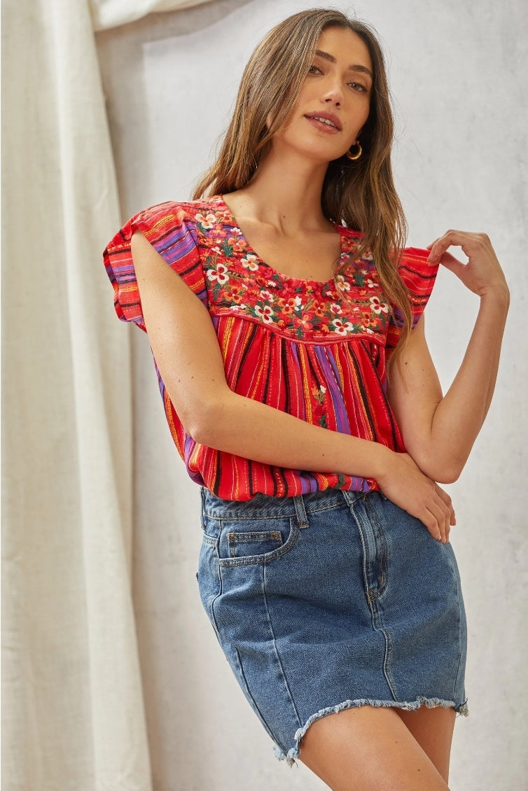 Red Multi Embroidered Flutter Sleeve Top