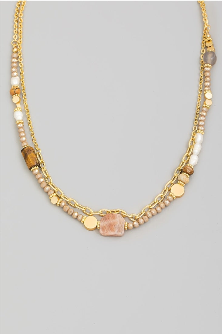 Mixed Bead Moon Stone Layered Necklace