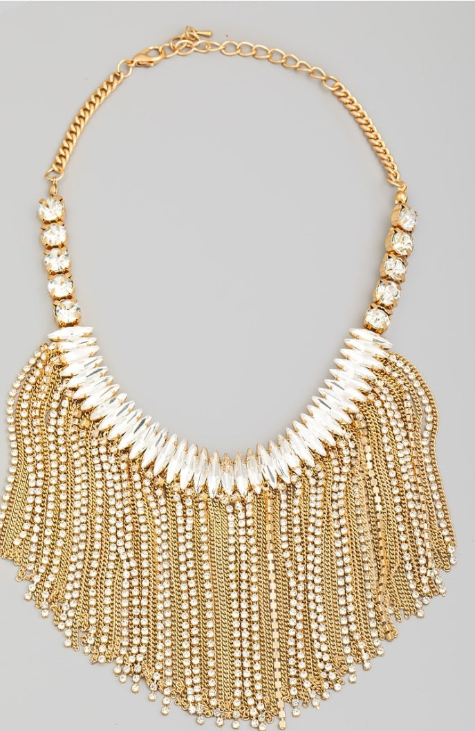 Rhinestone Bib Fringe Necklace