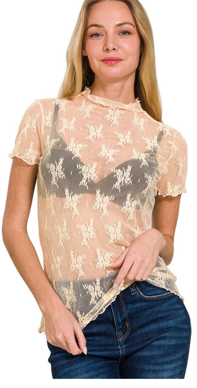 Lace Short Sleeve See Through Top (2 Colors)