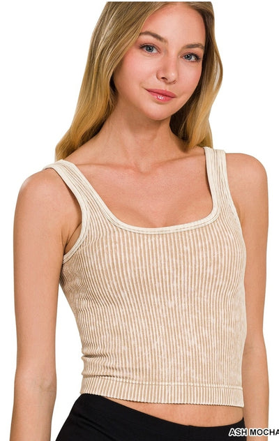 Stone Wash Ribbed Square Neck Cropped Tank (5 Colors)