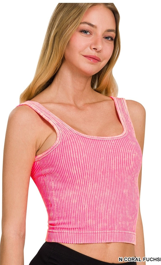 Stone Wash Ribbed Square Neck Cropped Tank (5 Colors)