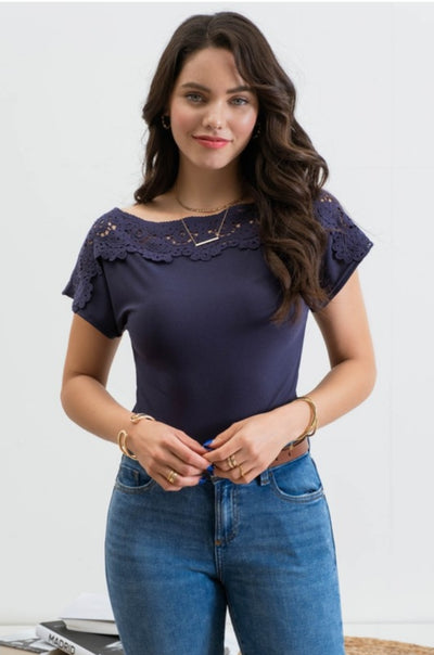 Navy Off The Shoulder Lace Yoke Top