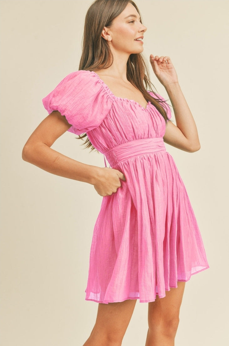 Cool Pink Lace Up Back Mini Dress