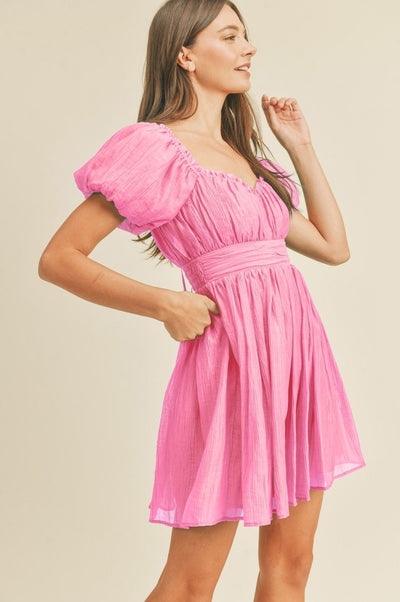 Cool Pink Lace Up Back Mini Dress