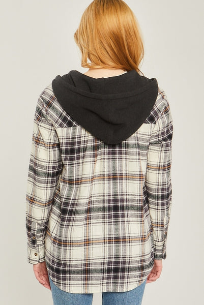 Navy Plaid Flannel Button Up Shacket with Hood