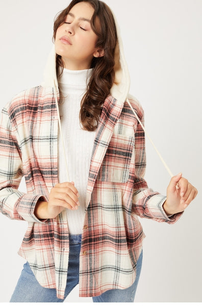Terra Cotta Plaid Flannel Button Up Shacket with Hood