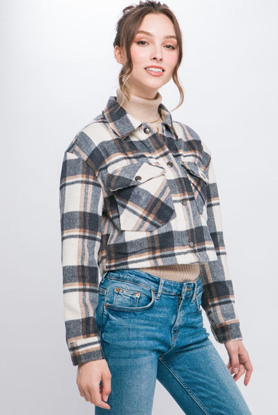 Charcoal Plaid Cropped Button Down Shacket