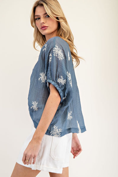 Ice Blue Embroidered Blouse