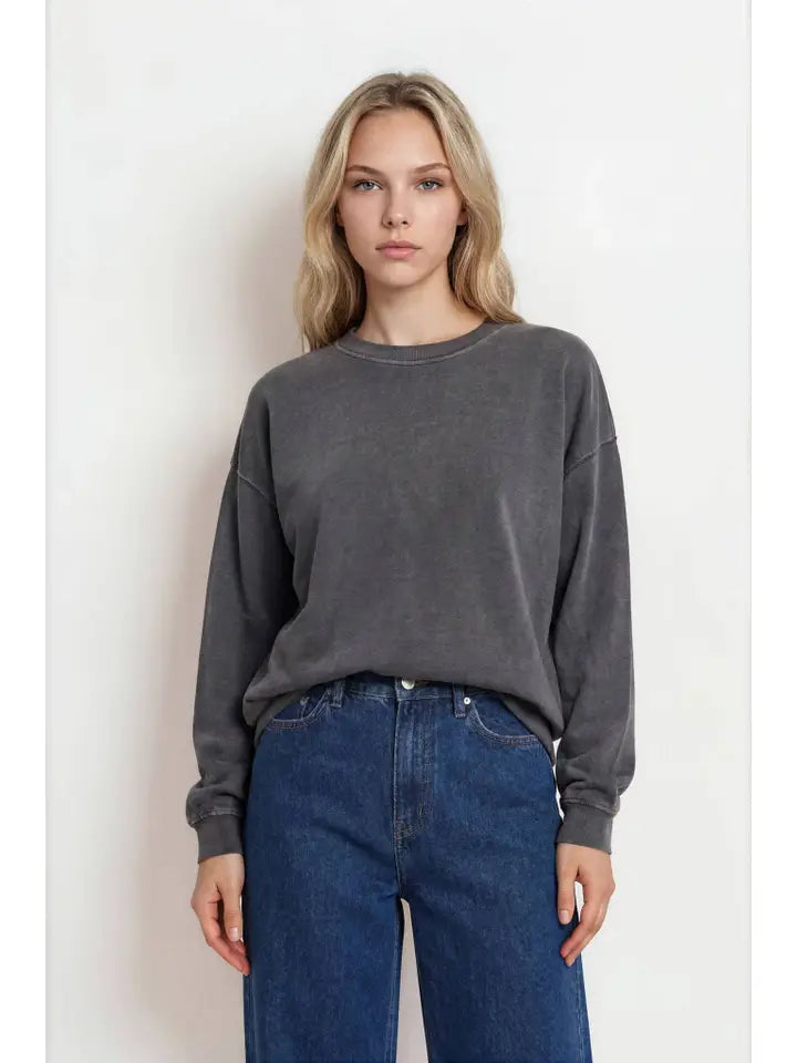 Fall Washed Crew Neck Long Sleeve Top - Charcoal