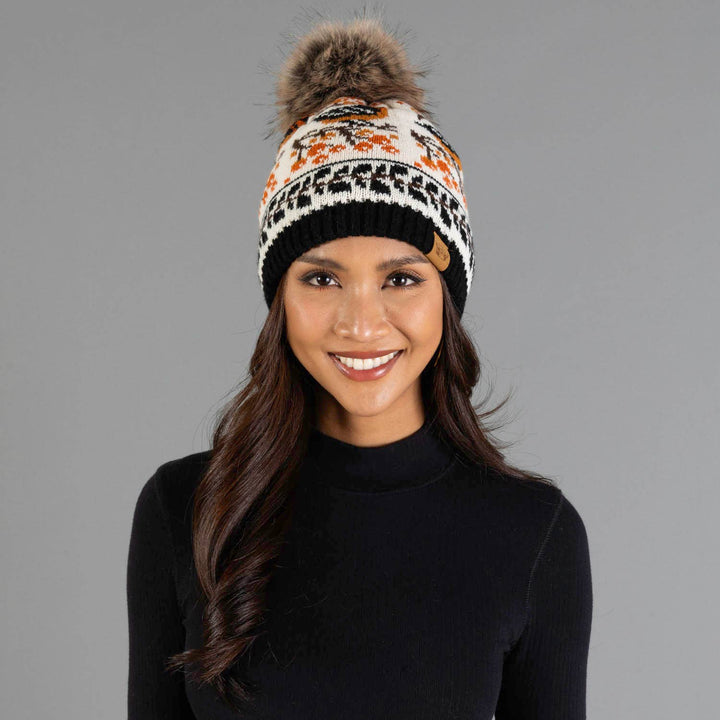 Black &amp; Cream Bird Pattern Knit Pom Hat