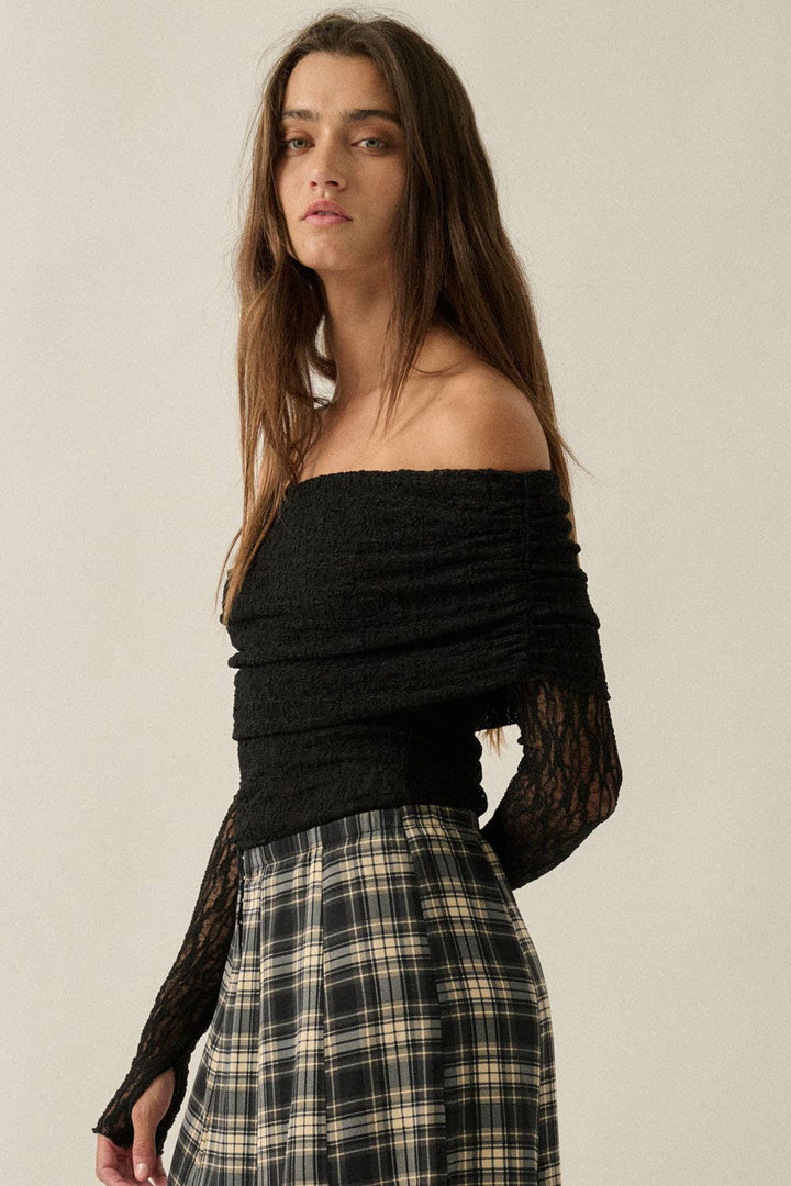 Black Lace Off-Shoulder Long-Sleeve Bodysuit