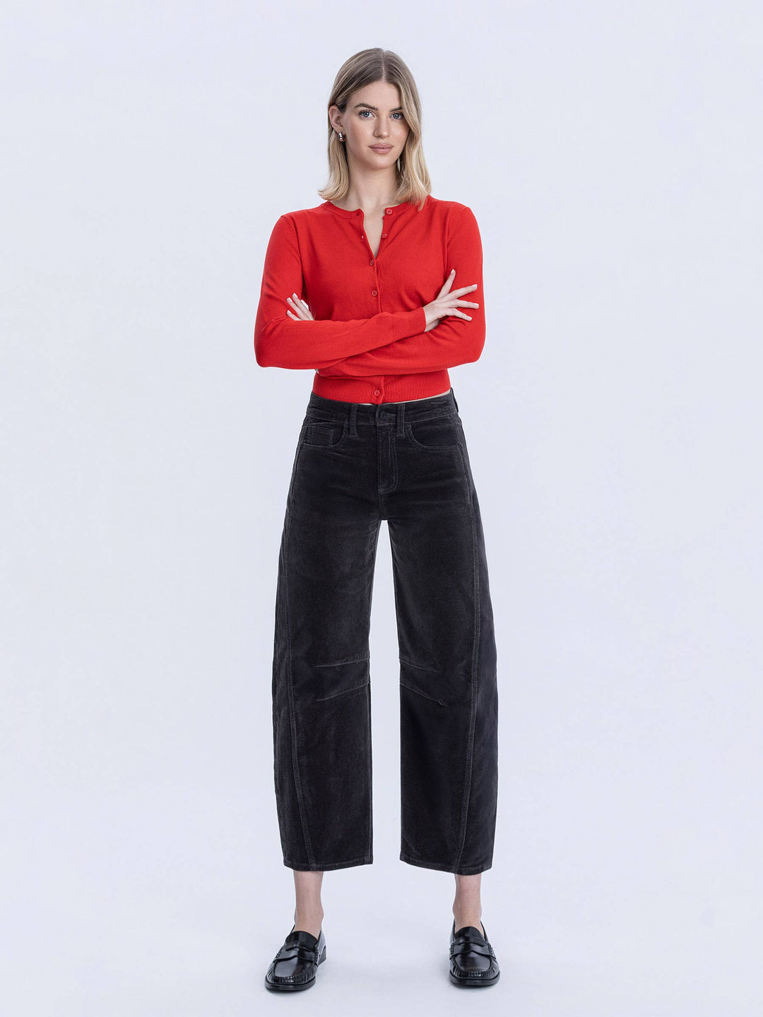 Katie Dark Grey Corduroy Barrel Pants by Vervet