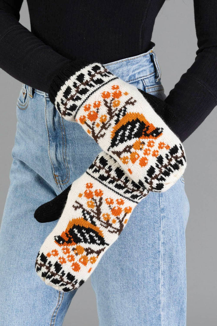 Black &amp; Cream Bird Pattern Knit Mittens