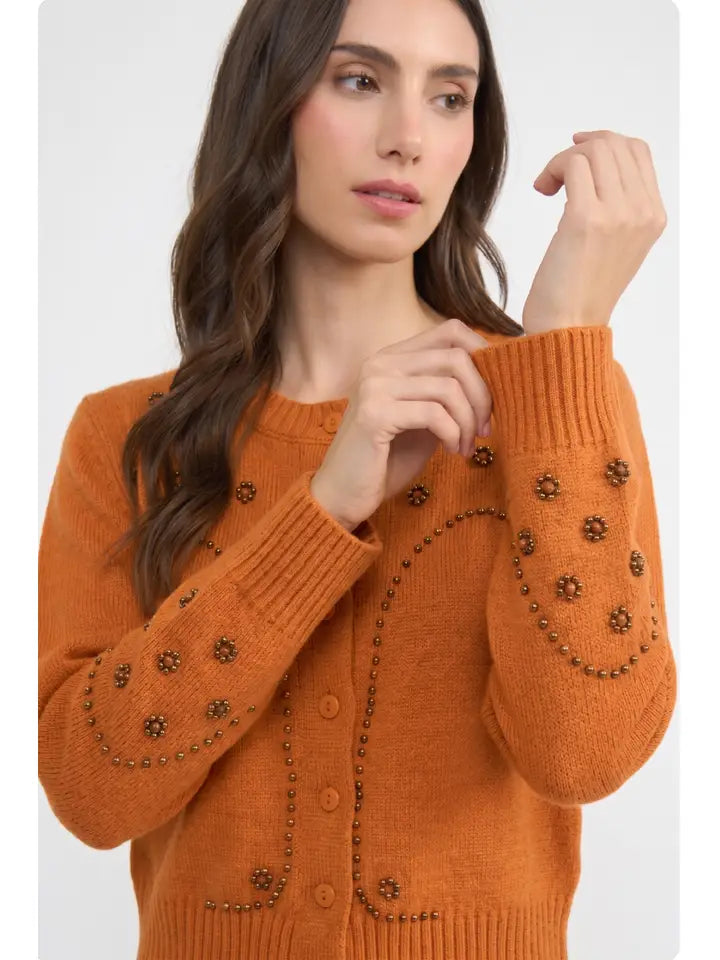 Burnt Orange Gromet Studded Cardigan