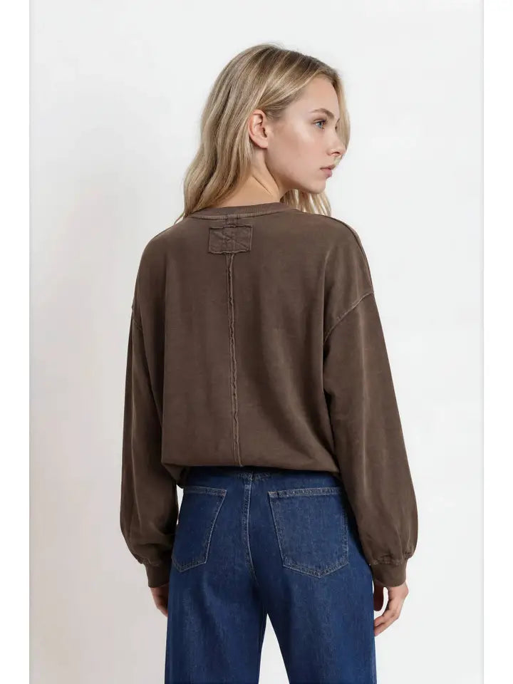 Fall Washed Crew Neck Long Sleeve Top - Brown