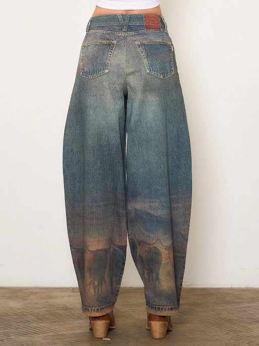 Long Horn Digital Print Baggy Jeans