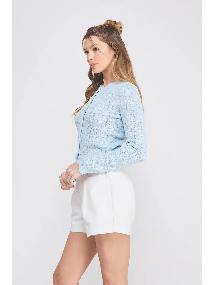 Soft Blue Pointelle Scalloped Cardigan