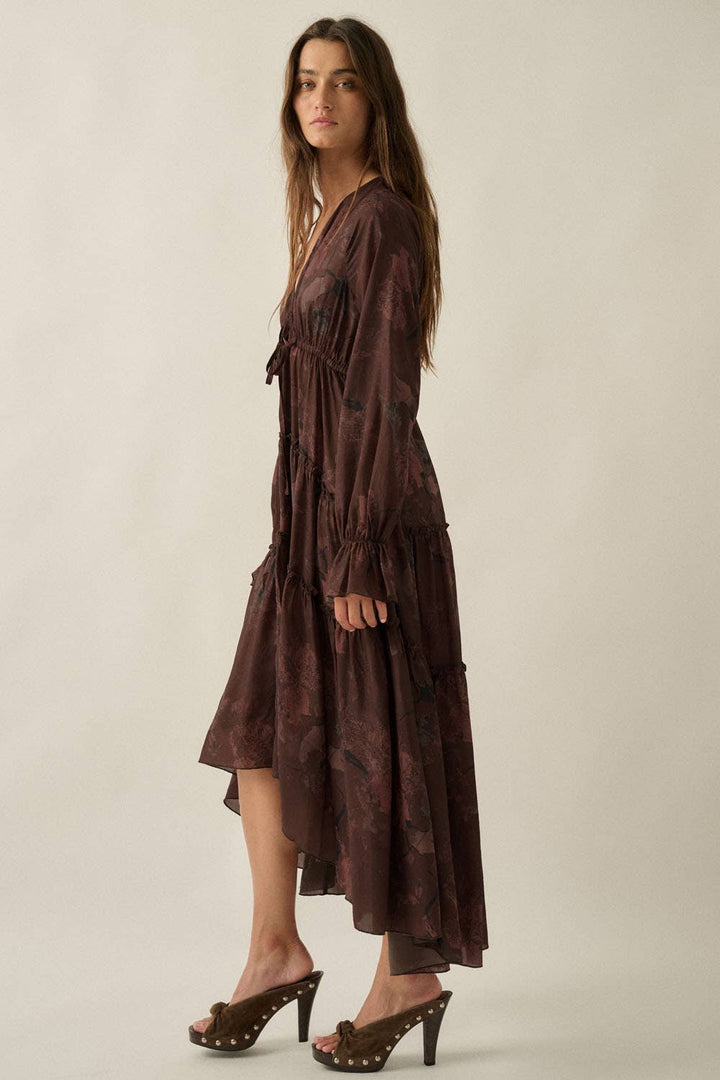 Mulberry Floral Chiffon Ruffled High-Low Midi Duster