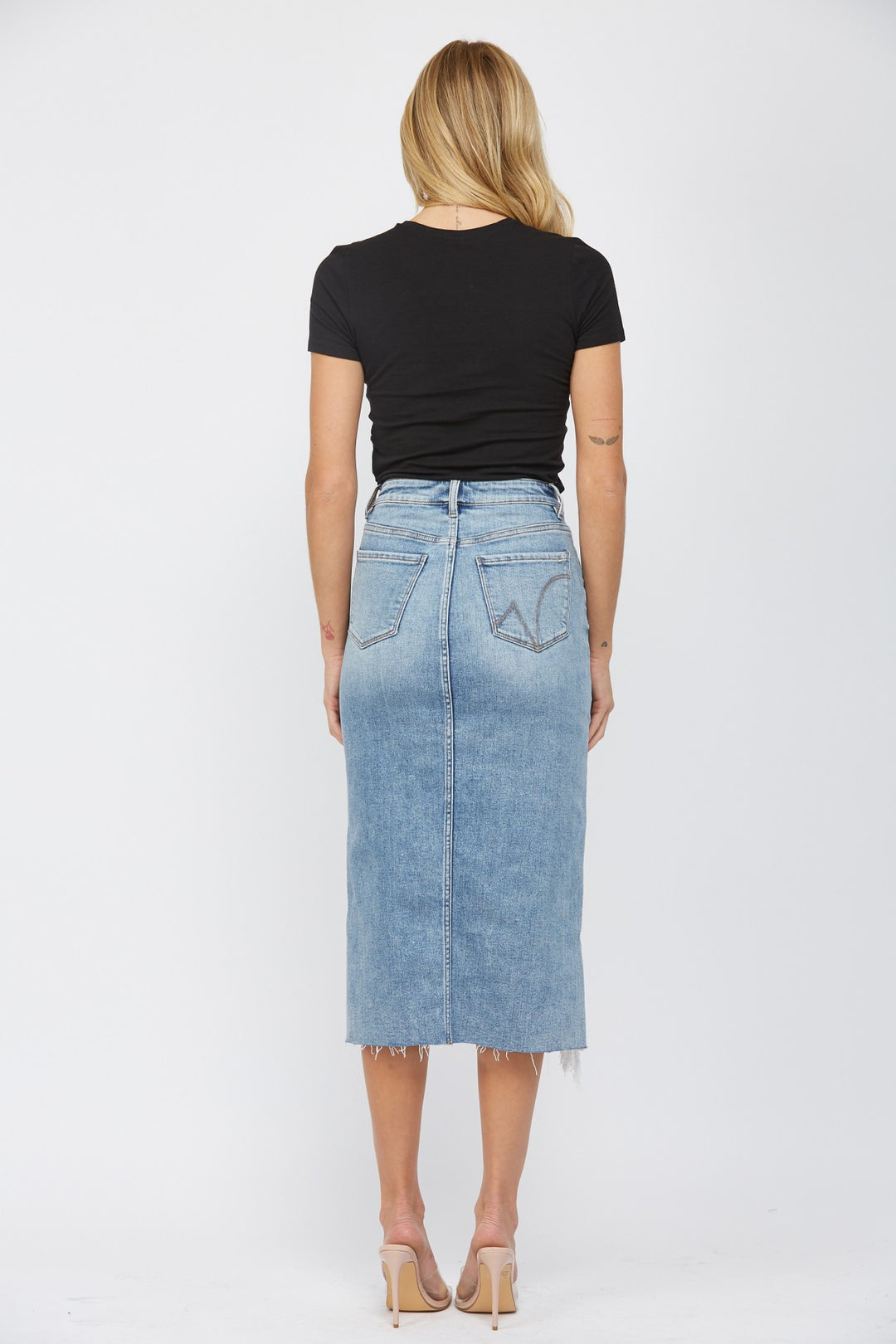 Distressed Denim Midi Skirt