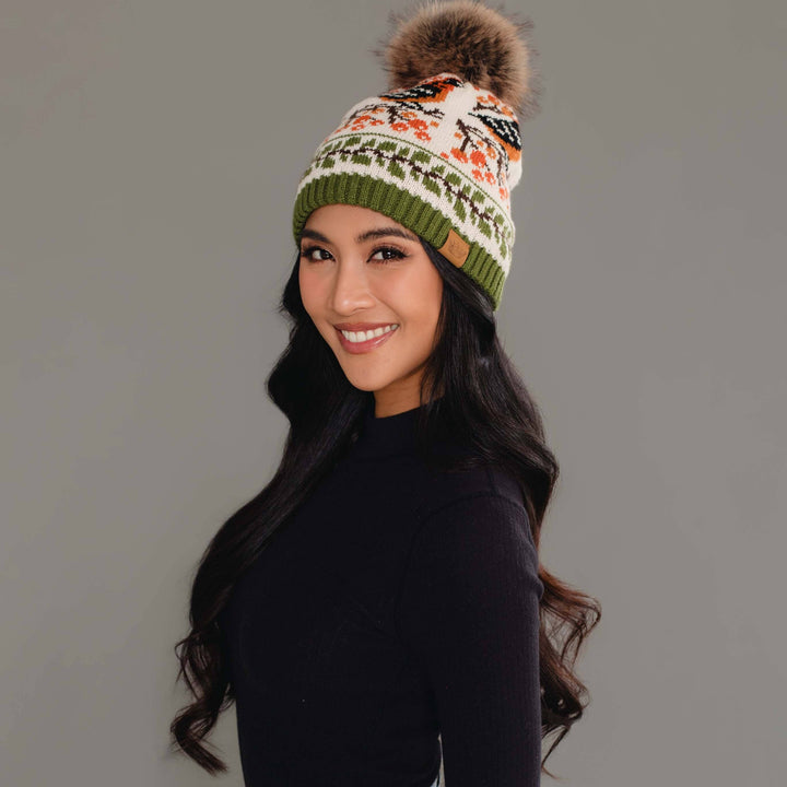 Olive &amp; Cream Bird Pattern Knit Pom Hat